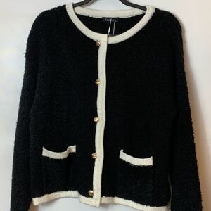 Black and White Teddy Cardigan with Gold Button and Front Pockets • Medium
